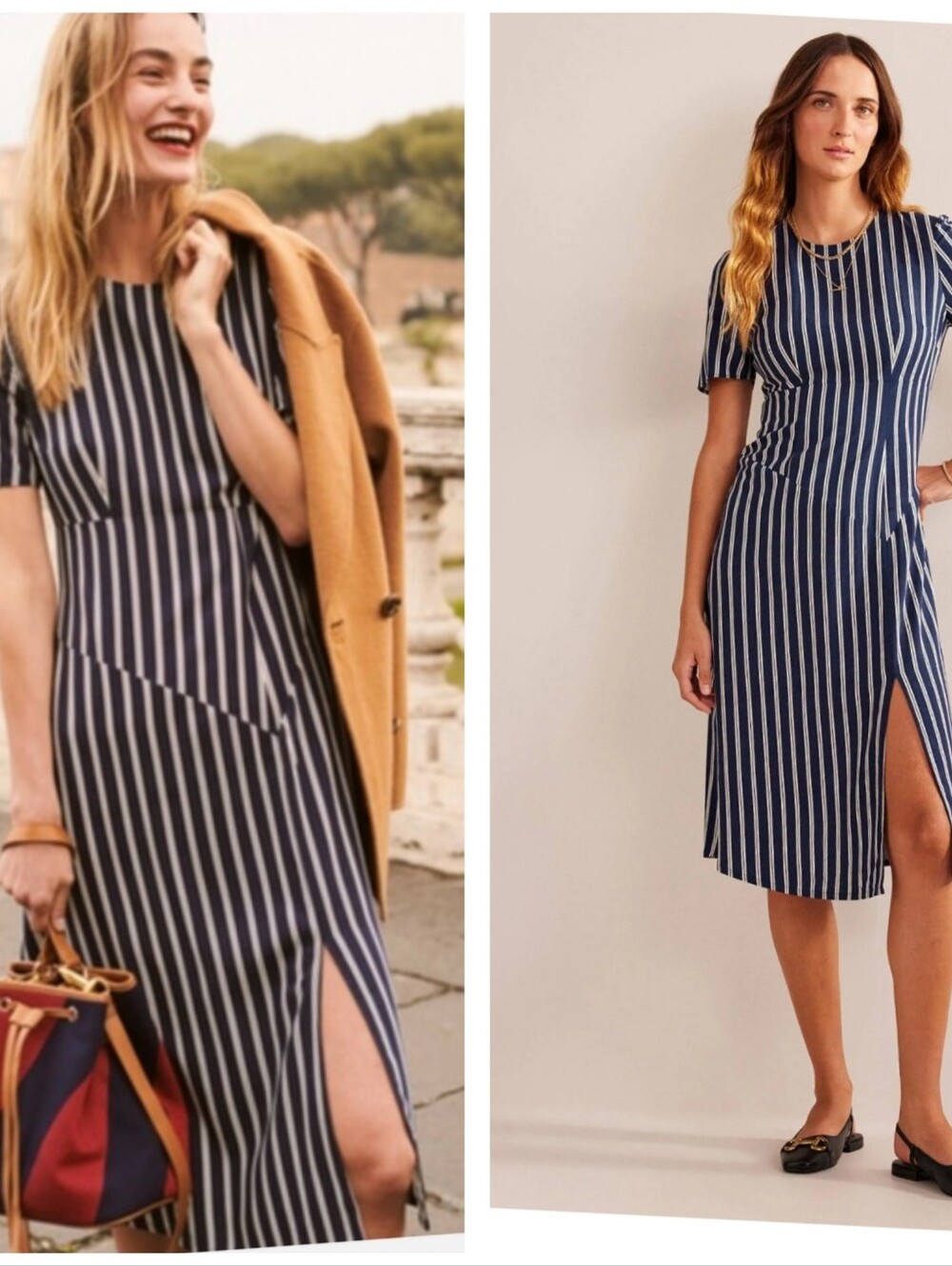 Boden Navy and White Striped Asymmetrical Midi Dress